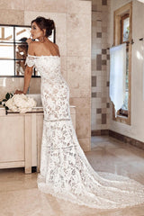 Elegant Ivory Off-Shoulder Mermaid Beach Lace Wedding Dress