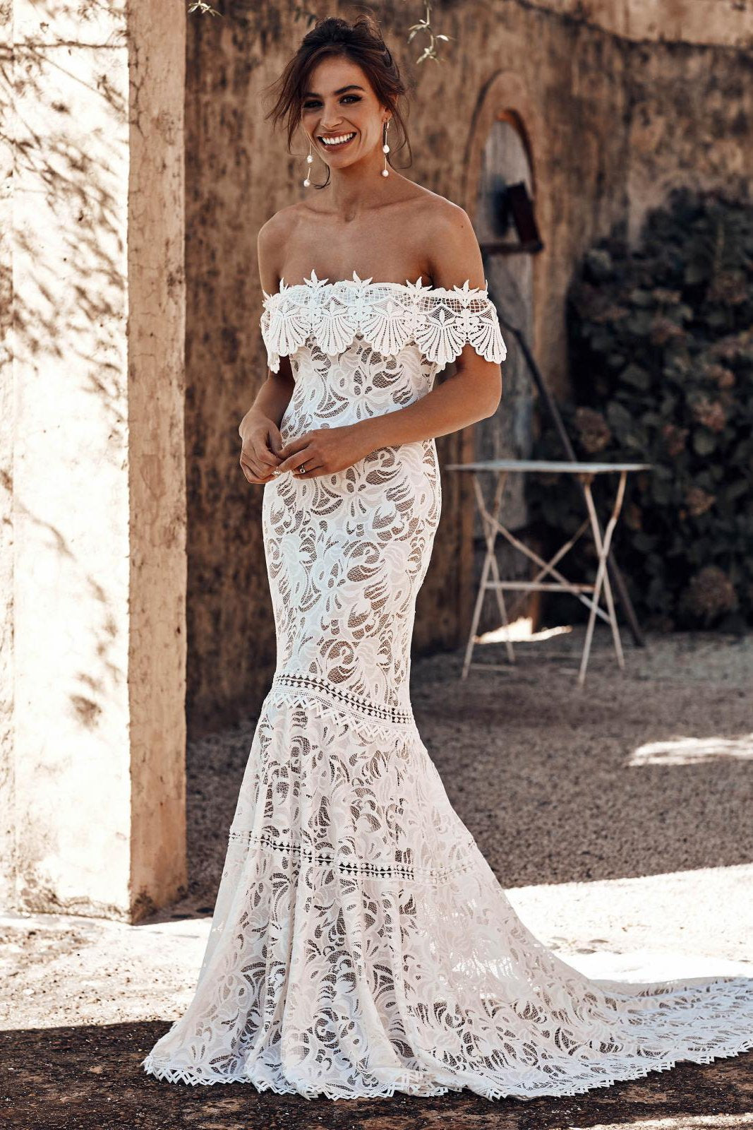 Elegant Ivory Off-Shoulder Mermaid Beach Lace Wedding Dress