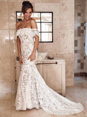 Elegant Ivory Off-Shoulder Mermaid Beach Lace Wedding Dress