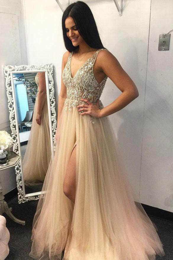 Deep V-Neck Beading Tulle Sleeveless Long Prom Dress with Split