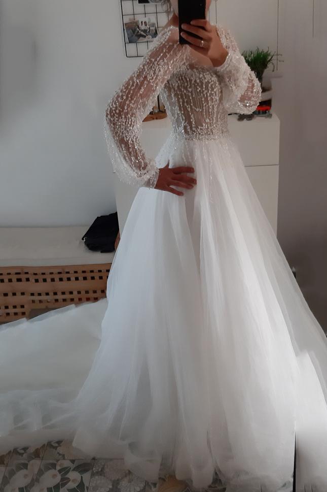 Sparkle Long Sleeve V-Neck Sequins Beach Wedding Dresses, Backless Bridal Gown