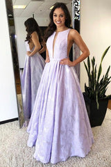 A-Line Bateau Sleeveless Lilac Floral Satin Prom Graduation Dress