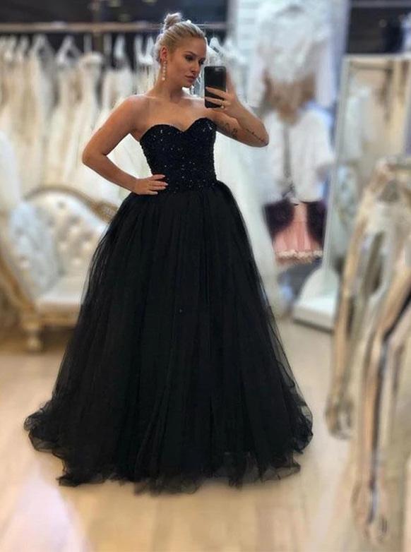 A-Line Beading Sweetheart Tulle Black Long Prom Formal Dresses