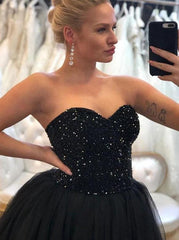 A-Line Beading Sweetheart Tulle Black Long Prom Formal Dresses