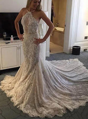 Halter Mermaid Lace Sleeveless Wedding Dress with Appliques