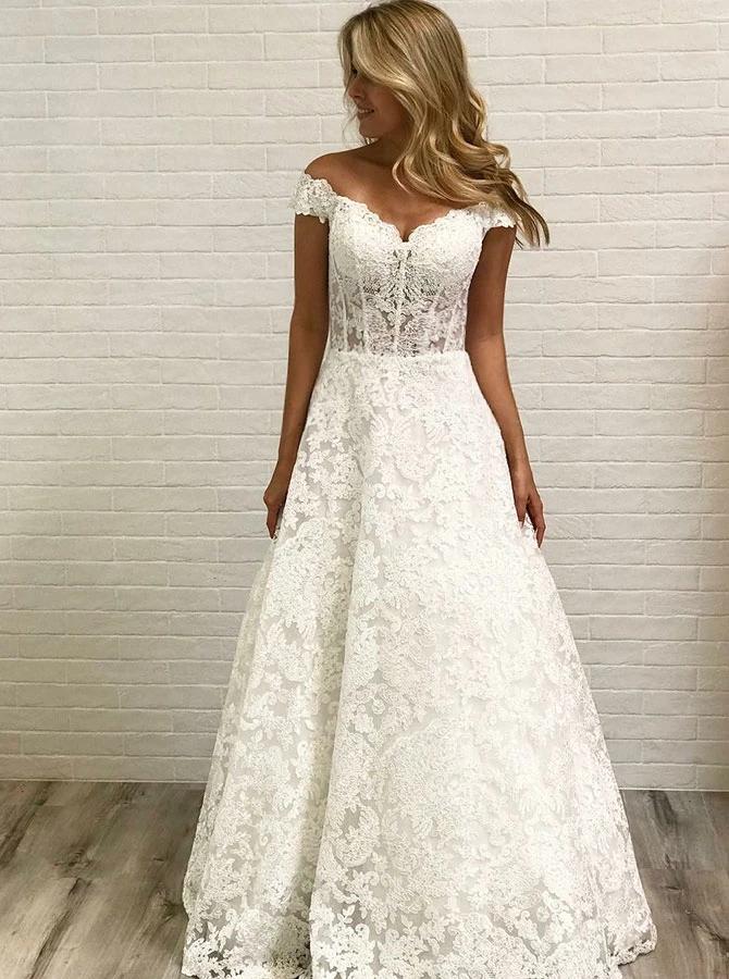 Off Shoulder Sleeveless Lace A-Line Wedding Dress