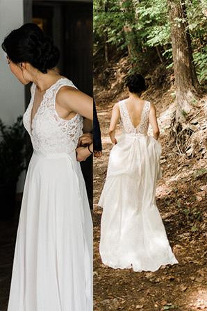 A-Line Sheer Round Neckline Lace Chiffon Beach Wedding Dress