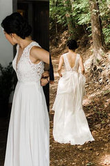 A-Line Sheer Round Neckline Lace Chiffon Beach Wedding Dress