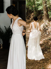 A-Line Sheer Round Neckline Lace Chiffon Beach Wedding Dress