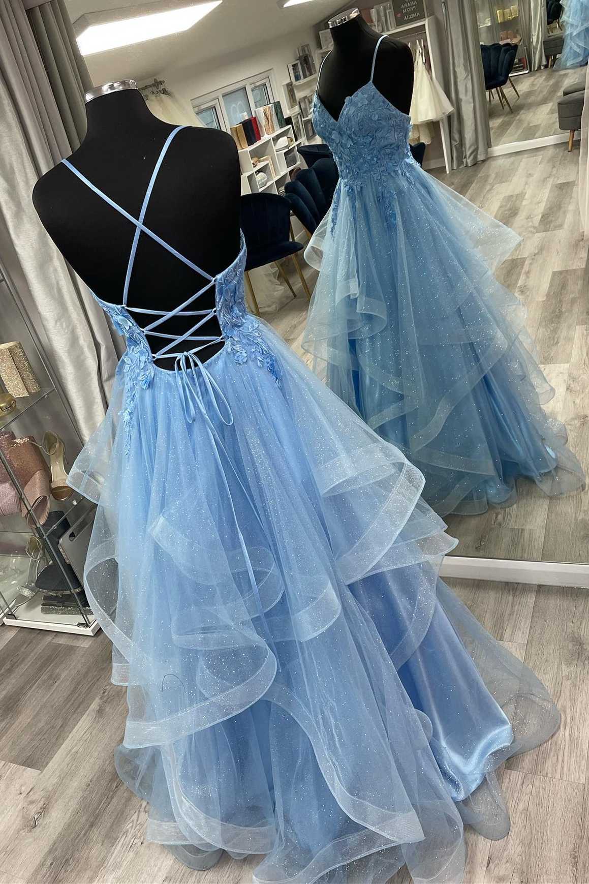 A-Line Blue Floral Appliques Prom Dress Sparkly Tulle Graduation Gown