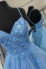 A-Line Blue Floral Appliques Prom Dress Sparkly Tulle Graduation Gown