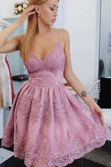 Chic A-Line Short Homecoming Dresses, Spaghetti Straps Dress with Appliques