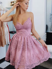 Chic A-Line Short Homecoming Dresses, Spaghetti Straps Dress with Appliques