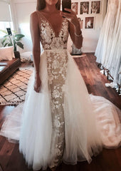 2 In 1 Ivory V-Neck Tulle Wedding Dresses, Lace Applique Bridal Gown