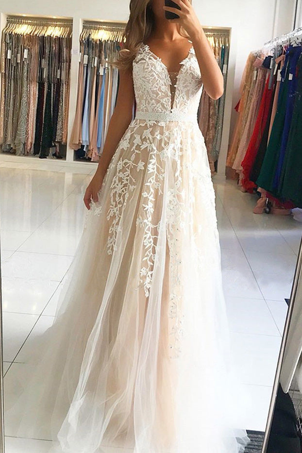 Elegant A-Line V-Neck Sleeveless Long Prom Dress with Appliques