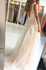 Elegant A-Line V-Neck Sleeveless Long Prom Dress with Appliques