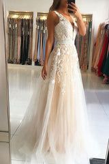 Elegant A-Line V-Neck Sleeveless Long Prom Dress with Appliques