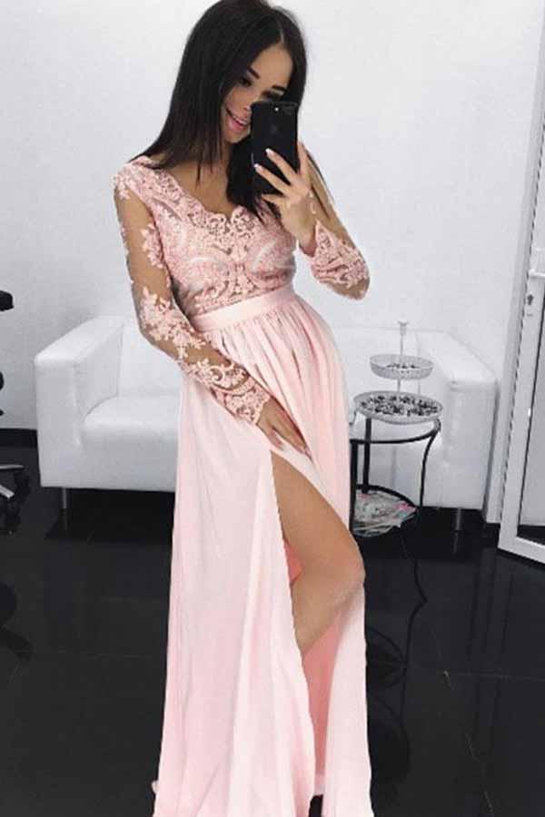 A-Line V-Neck Long Sleeves Pink Appliques Prom Dress with Slit