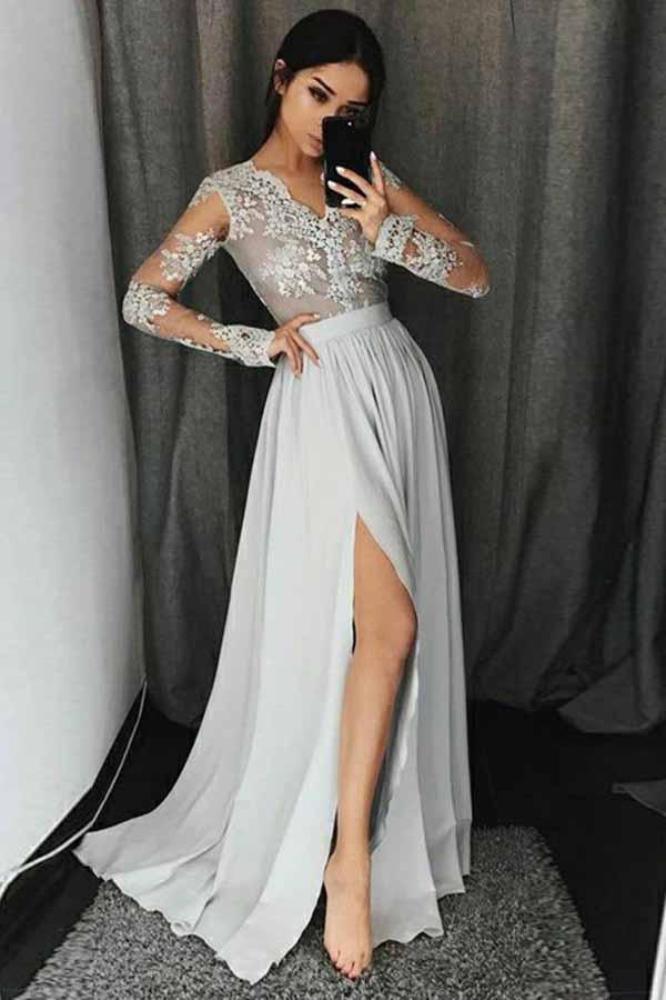 A-Line V-Neck Long Sleeves Appliques Prom Dress with Slit