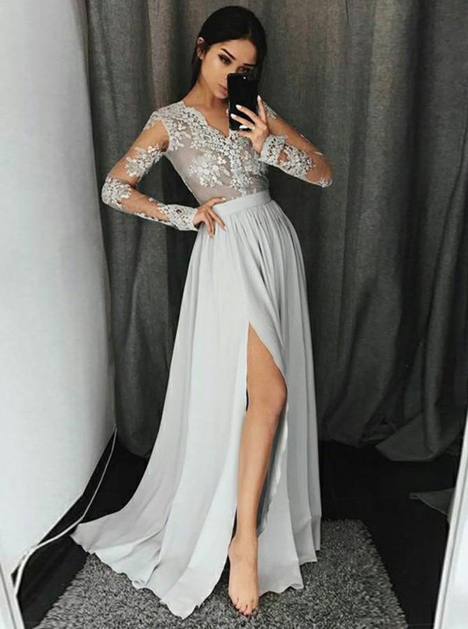 A-Line V-Neck Long Sleeves Appliques Prom Dress with Slit