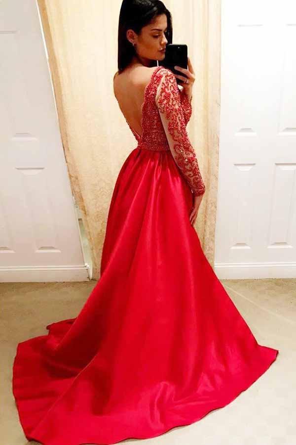 V-Neck Beaded Long Sleeve Red Backless Prom Dresses Long Formal Dress