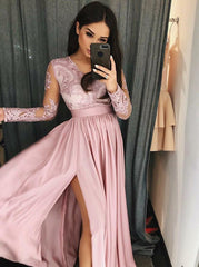 A-Line V-Neck Long Sleeves Pink Appliques Prom Dress with Slit