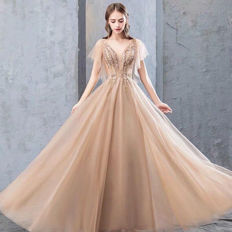 Charming A-Line Short Sleeves Tulle Prom Dresses, Long Evening Gown with Beading