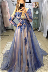 A-Line Long Sleeves Navy Blue Long Prom Dresses with Appliques