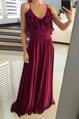 Flounce Neckline Long Backless Prom Dress, Chiffon Burgundy Bridesmaid Dress