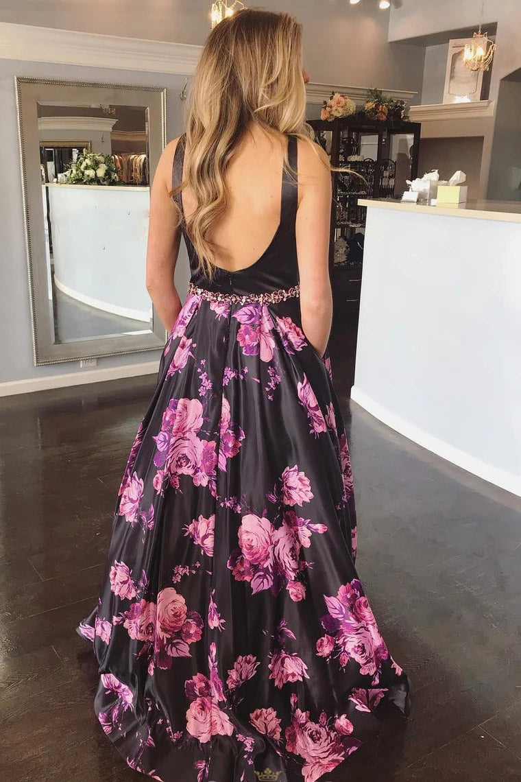 A-Line Backless Floral Print Long Prom Evening Dress