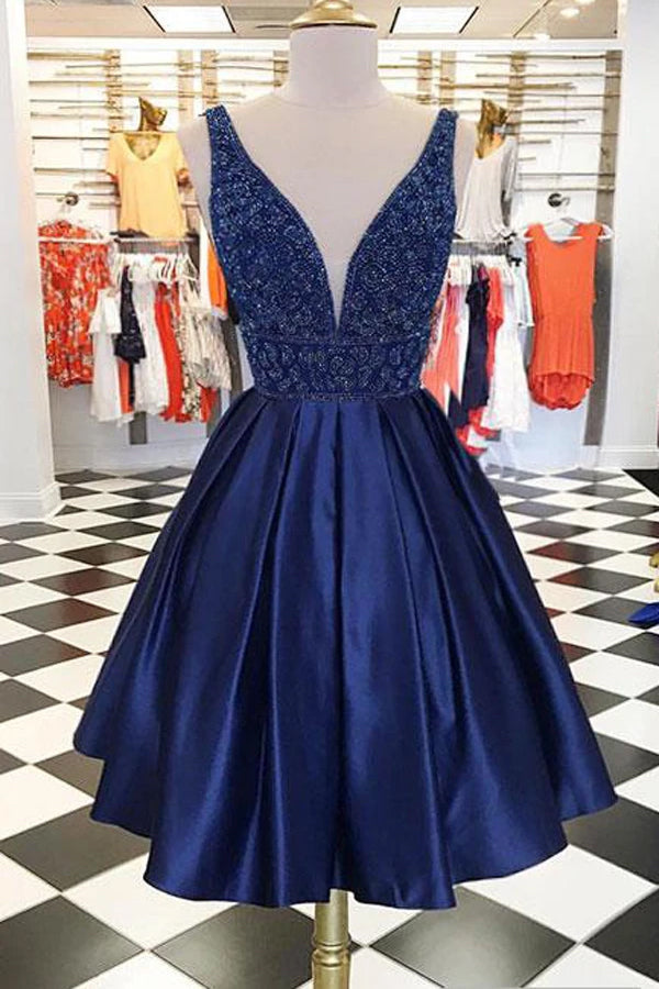 A-Line Dark Blue Beaded Short Homecoming Prom Dress