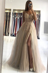 A-Line V-Neck Beads Sleeveless Tulle Long Prom Dress with Slit