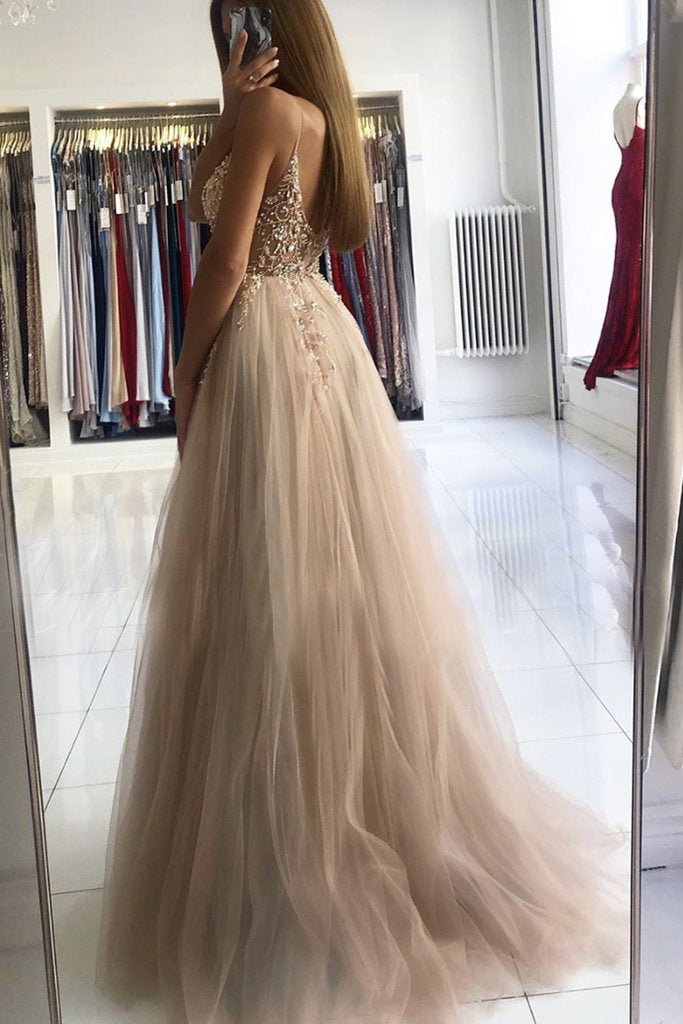 A-Line V-Neck Beads Sleeveless Tulle Long Prom Dress with Slit