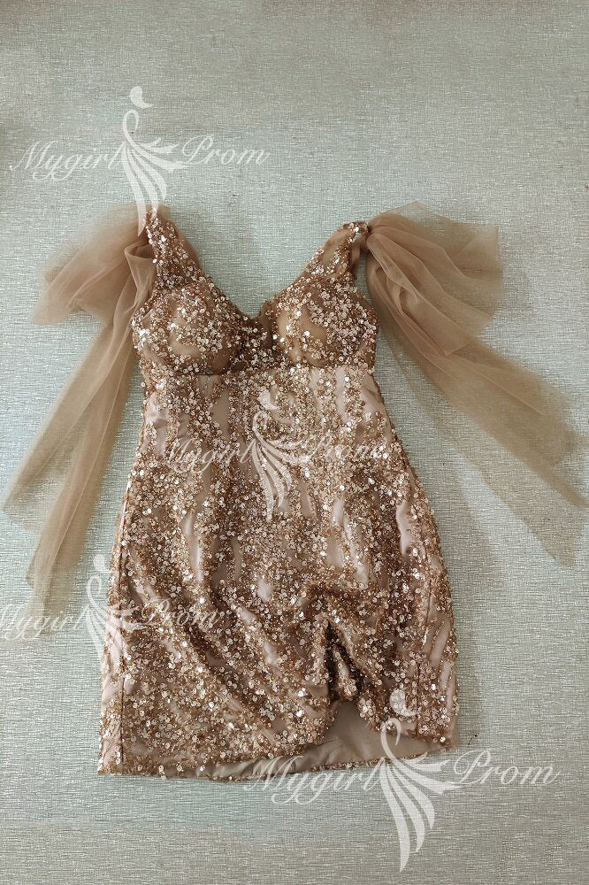 A-Line V-Neck Sequined Short Homecoming Dresses, Tight Short Party Dress