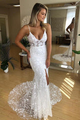 Elegant V-Neck Spaghetti Strap Lace Slit Mermaid Wedding Dress