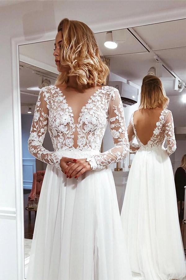 Simple A-Line V-Neck Ivory Lace Long Sleeves Beach Wedding Dresses