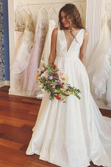 Elegant A-Line V-Neck Ivory Satin Sleeveless Simple Wedding Dresses