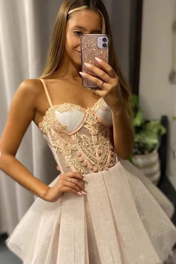 Glitter Spaghetti Strap Sleeveless Tulle Homecoming Dresses, Cute Graduation Dresses