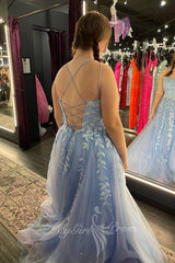 Sparkly Long Prom Dresses with Appliques, Tulle Graduation Party Dresses