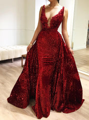 2 In 1 V-Neck Mermaid Burgundy Prom Dress, Pageant Dress with Detachable Train