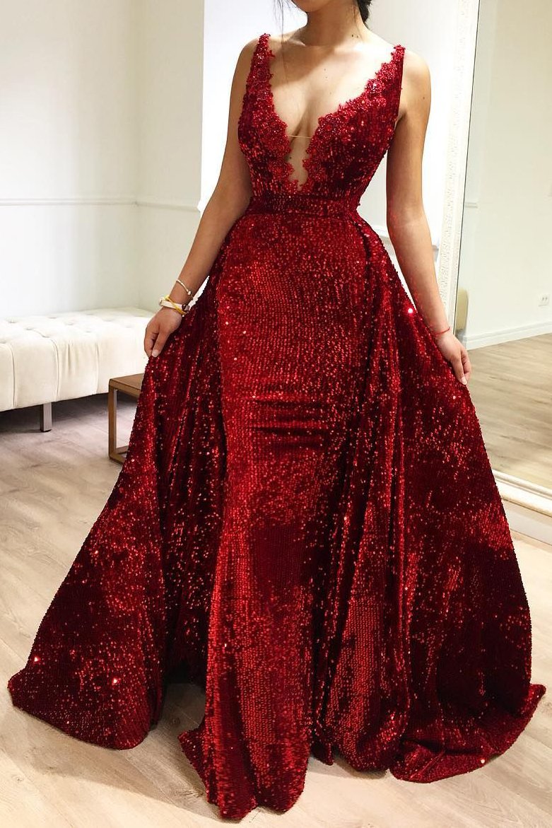 2 In 1 V-Neck Mermaid Burgundy Prom Dress, Pageant Dress with Detachable Train