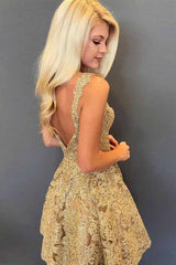 A-Line V-Neck Short Lace Beaded Prom Homecoming Dress