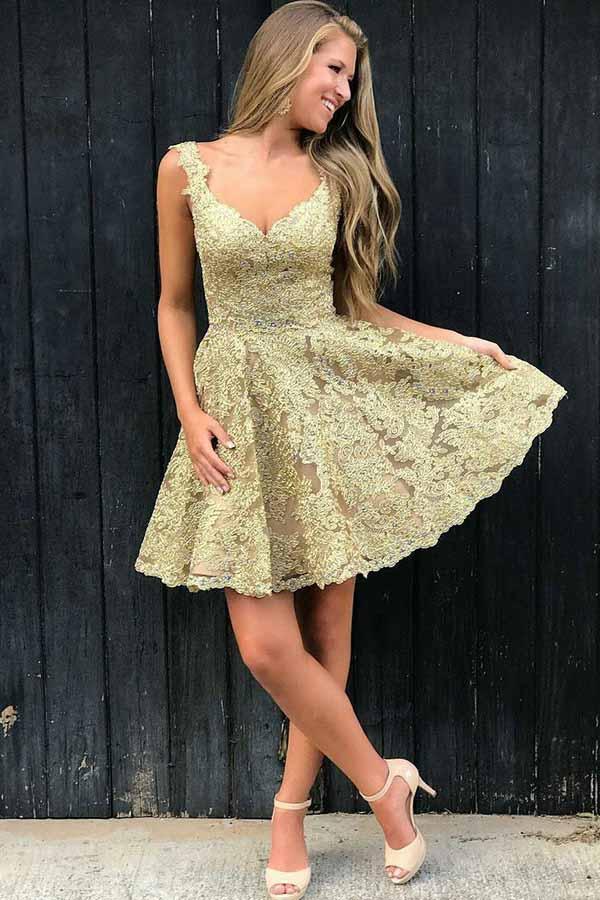 A-Line V-Neck Short Lace Beaded Prom Homecoming Dress