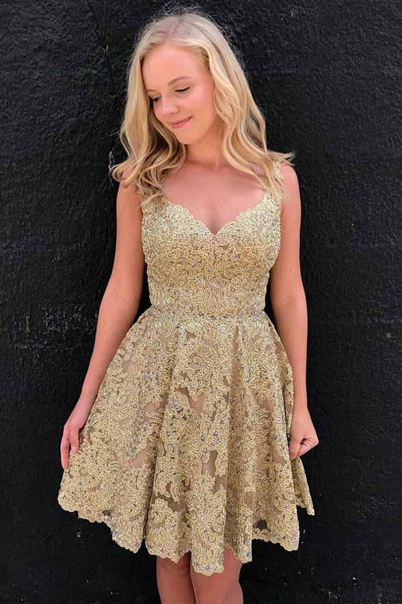 A-Line V-Neck Short Lace Beaded Prom Homecoming Dress