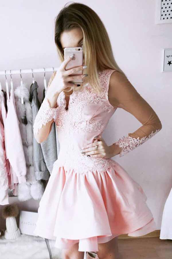 A-Line V-Neck Lace Long Sleeves Pink Layered Prom Homecoming Dresses