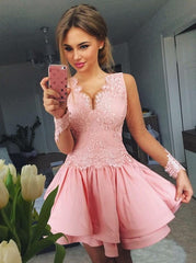 A-Line V-Neck Lace Long Sleeves Pink Layered Prom Homecoming Dresses