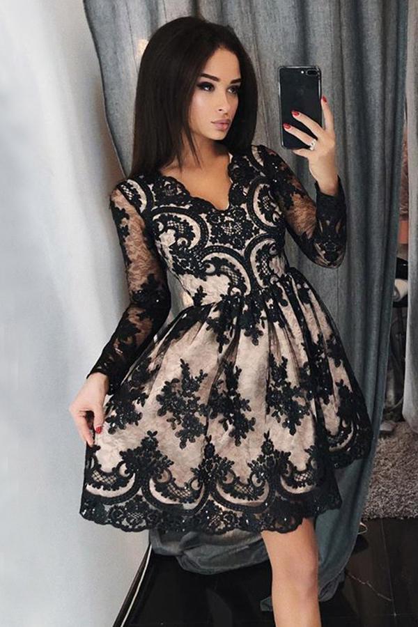 Black Lace Appliques Long Sleeves Short Prom Homecoming Dress