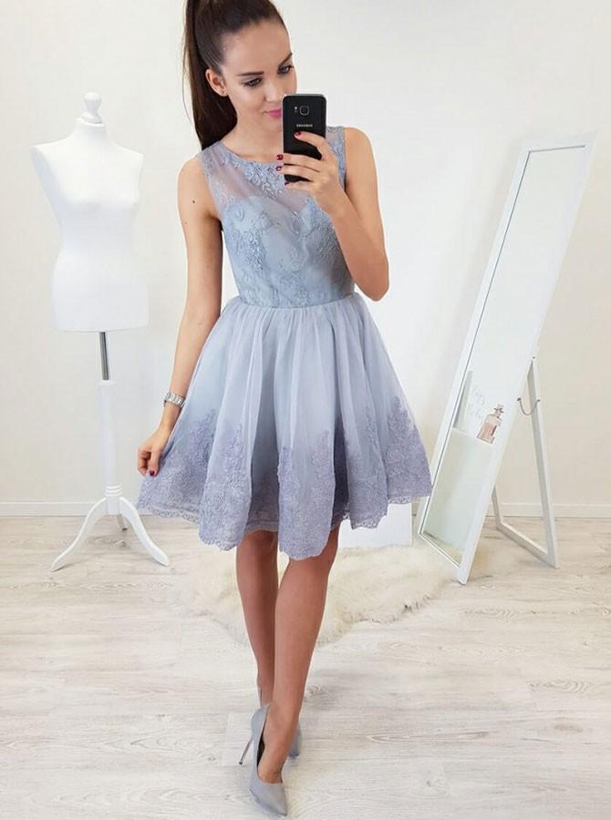 A-Line Fit & Flare Lace Applique Short Prom Homecoming Dress