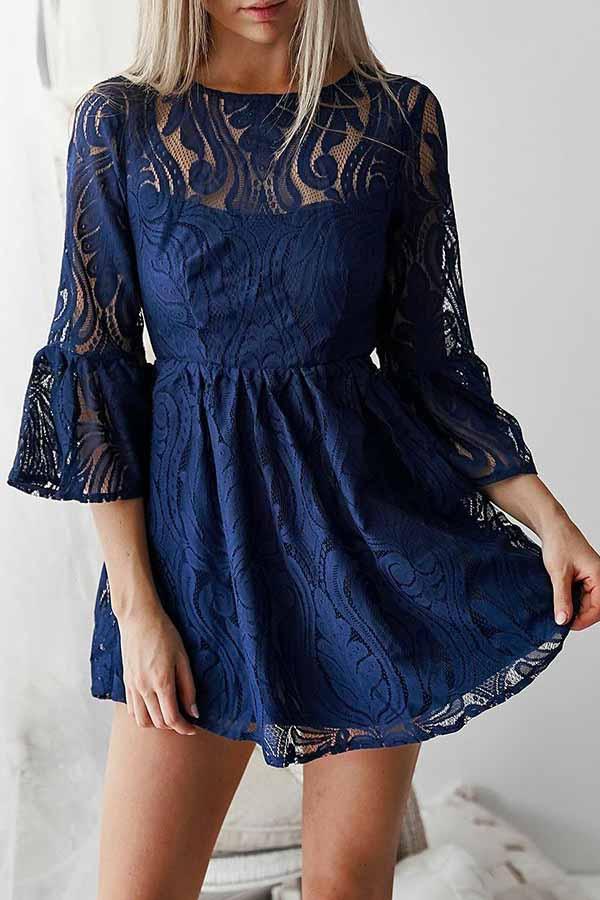 A-Line Bateau Lace Navy Blue Bell Sleeve Homecoming Dress with Open Back