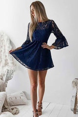 A-Line Bateau Lace Navy Blue Bell Sleeve Homecoming Dress with Open Back